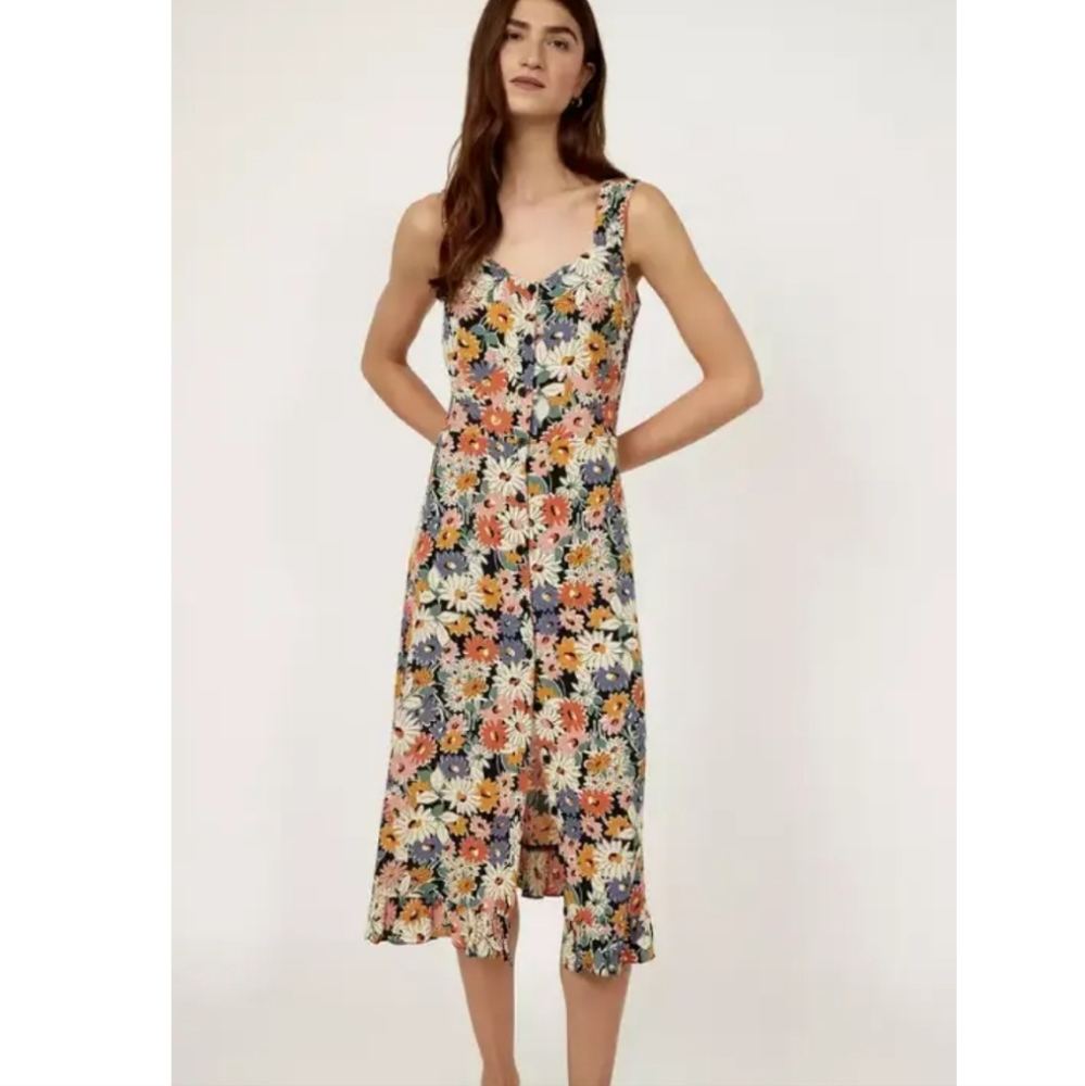 Warehouse Button Floral Frill Midi Dress in UK 10/US 6 ASOS